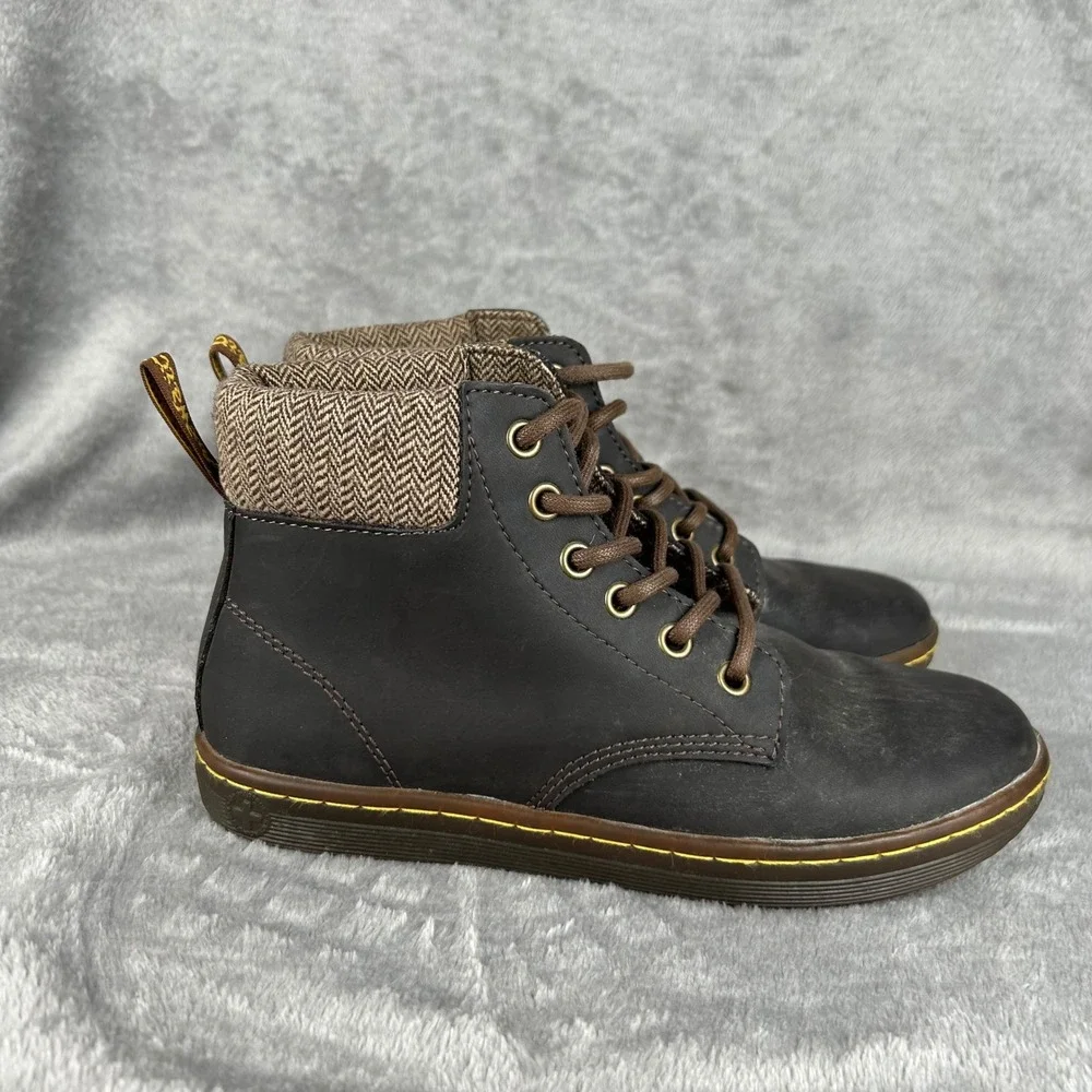 Dr. Martens Maelly Dark Brown Leather Herringbone Tweed Ankle Boots Women 6
